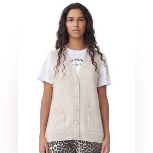 Ganni Sweater Vest Womens Medium Beige NWT 100% Cashmere Jewel Buttons Luxury
